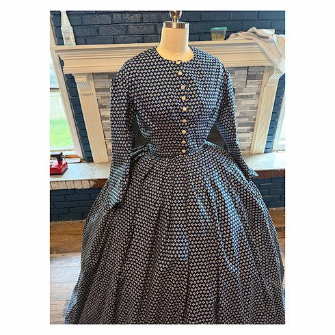 navy with antique white print civil war simple day dress or camp 50