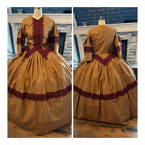 Old Gold with Burgundy Venice Lace Civil War Day Dress 32