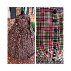 Olive and Deep red Plaid Civil War Simple Day Dress Camp Dress 26