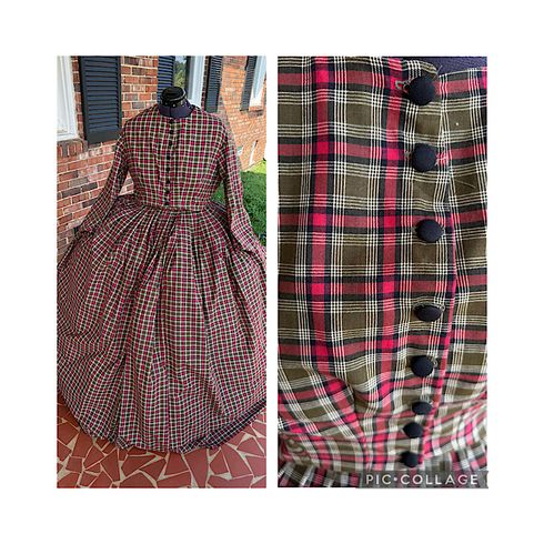Olive and Deep red Plaid Civil War Simple Day Dress Camp Dress 32