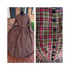 Olive and Deep red Plaid Civil War Simple Day Dress Camp Dress 32
