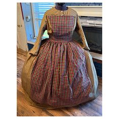 Olive Black and Burgundy Plaid Civil War Pinner Apron Misses Size
