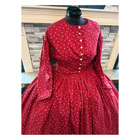 Rich Red Floral Civil War Simple Day Dress or Camp Dress 38