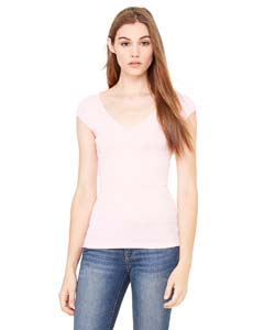 Bella + Canvas Ladies' Sheer Mini Rib Cap-Sleeve Deep V-Neck T-Shirt. B8705