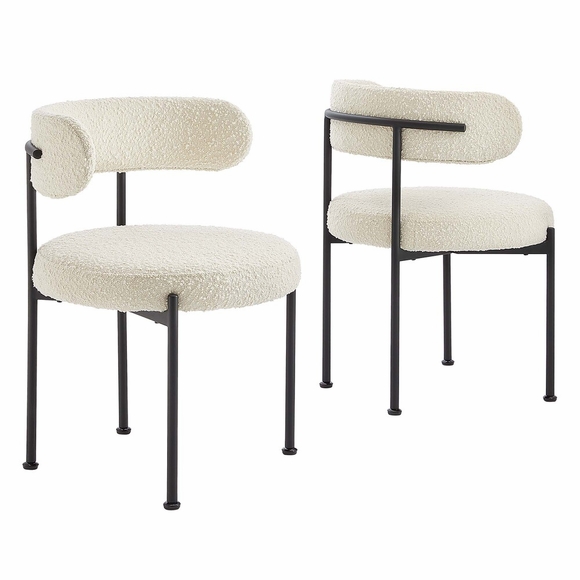 Albie Boucle Fabric Dining Chairs Set of 2 in Ivory Black