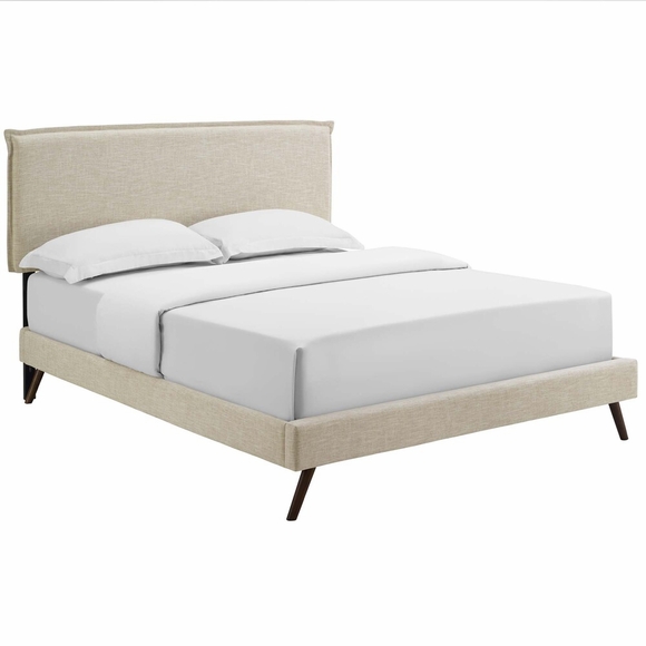Amaris Queen Fabric Platform Bed with Round Splayed Legs in Beige