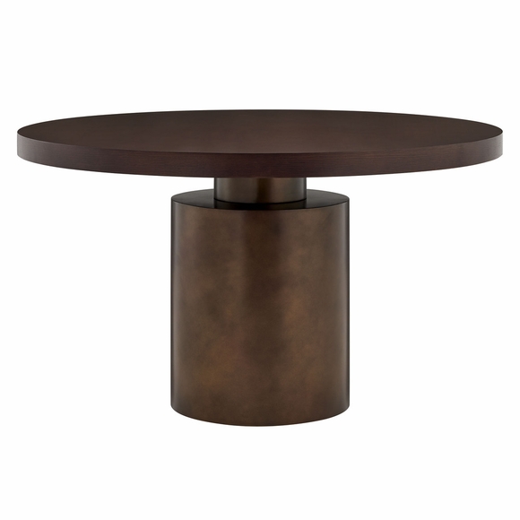 Annette 54 Inch Round Pedestal Base Dining Table in Dark Walnut Burnished Brass