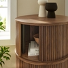 Clement Round Pedestal Stand Storage Table With Sliding Tambour Doors in Walnut