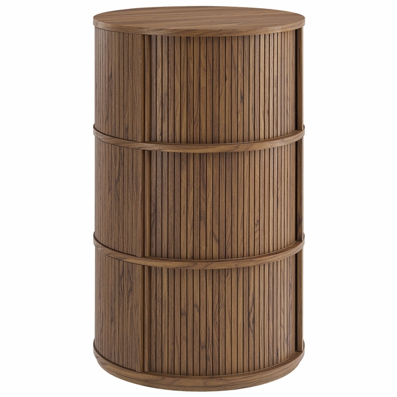 Clement Round Pedestal Stand Storage Table With Sliding Tambour Doors in Walnut