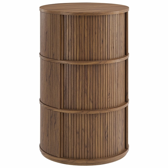Clement Round Pedestal Stand Storage Table With Sliding Tambour Doors in Walnut