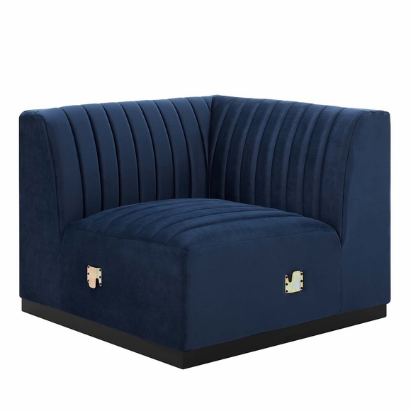 Conjure Channel Tufted Performance Velvet Left Corner Chair in Black Midnight Blue