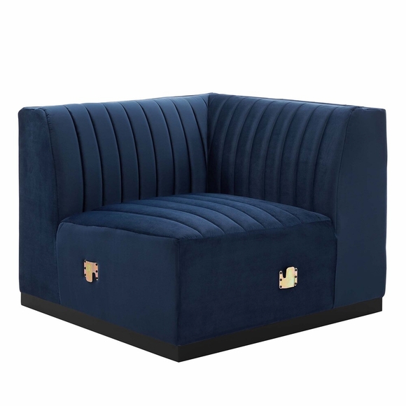 Conjure Channel Tufted Performance Velvet Right Corner Chair in Black Midnight Blue