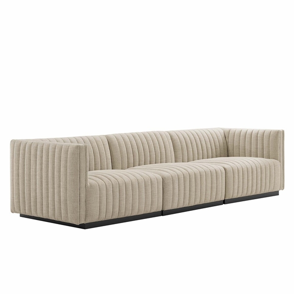 Conjure Channel Tufted Upholstered Fabric Sofa in Black Beige