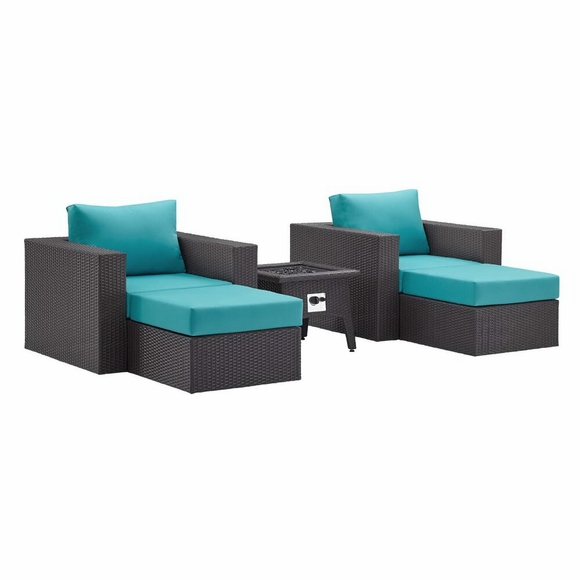 Convene 5 Piece Set Outdoor Patio with Fire Pit MID-3726 in Espresso Turquois