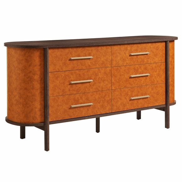 Coralie Curved 6-Drawer Vegan Leather Oval Dresser in Walnut Tan