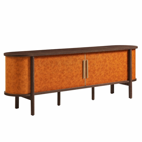 Coralie Curved 71" Vegan Leather Oval TV Stand in Walnut Tan