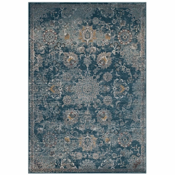 Cynara Distressed Floral PersianMedallion 5x8 Area Rug in Silver Blue/Teal and Beige