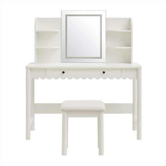 Emmeline Scalloped Makeup Vanity Desk With LED Mirror and Stool in White Ivory