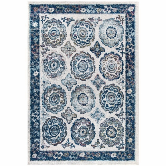 Entourage Odile Distressed Floral Moroccan Trellis 8x10 Area Rug in Ivory and Blue