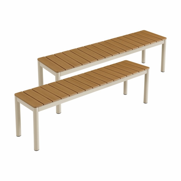 Finn Outdoor Patio Aluminum Bench with Faux Wood Top Set of 2 in Natural