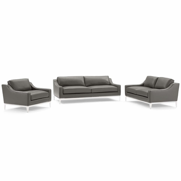 Harness 3 Piece Stainless Steel Base Leather Sofa Set MID-4197 in Gray