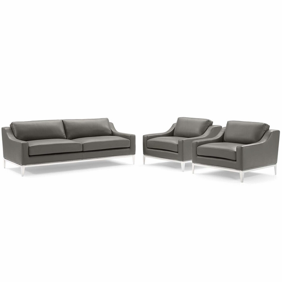 Harness 3 Piece Stainless Steel Base Leather Sofa Set MID-4199 in Gray
