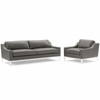 Harness Stainless Steel Base Leather Sofa & Armchair Set in Gray