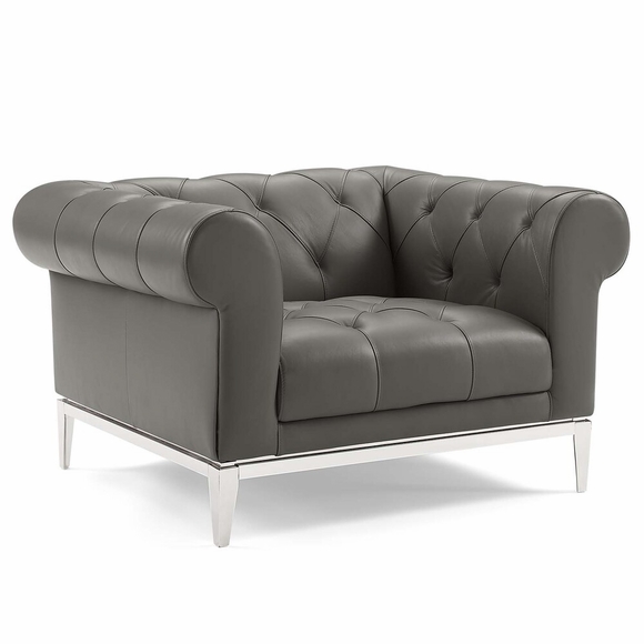 Idyll Tufted Button Upholstered Leather Chesterfield Armchair in Gray