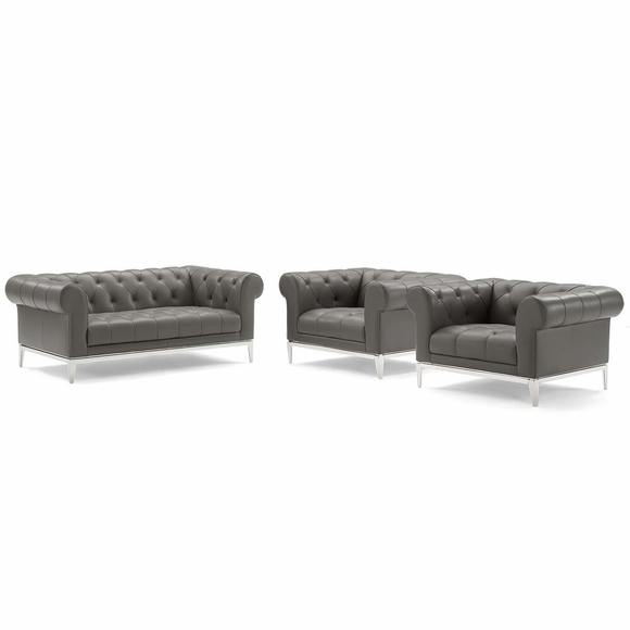 Idyll Tufted Upholstered Leather 3 Piece Sofa Set in Gray
