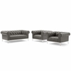 Idyll Tufted Upholstered Leather 3 Piece Sofa Set in Gray