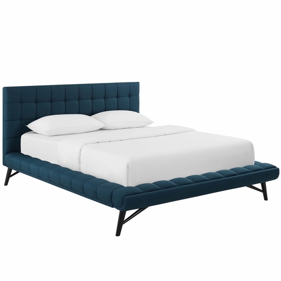 Julia Queen Biscuit Tufted Upholstered Fabric Platform Bed in Blue