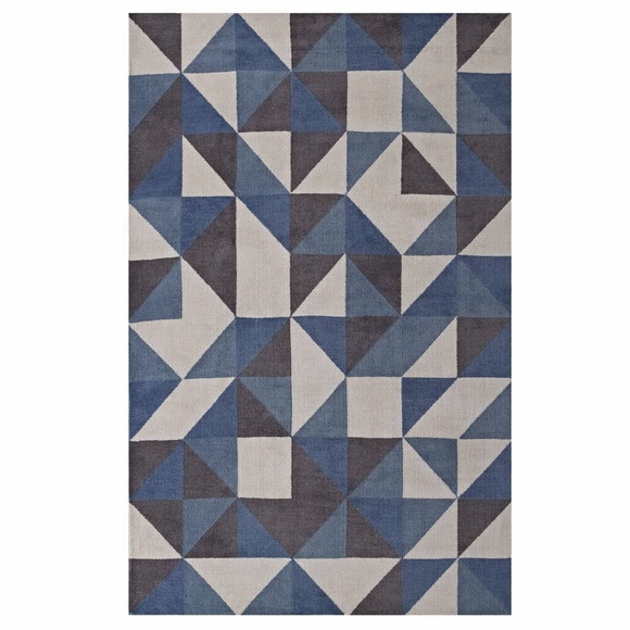 Kahula Geometric Triangle Mosaic 8x10 Area Rug in Blue/White and Gray