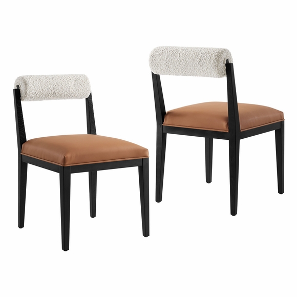Kai Boucle and Vegan Leather Dining Chair Set of 2 in Pearl Tan Black