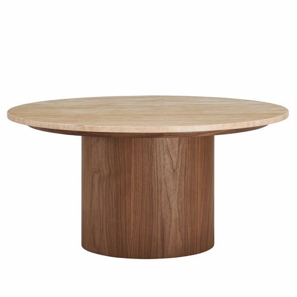 Kioni Round Travertine Coffee Table in Walnut