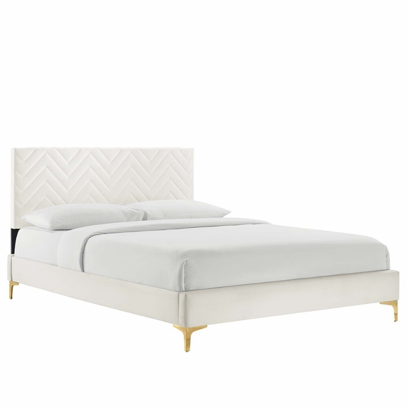 Leah Chevron Tufted Performance Velvet Full Platform Bed in White