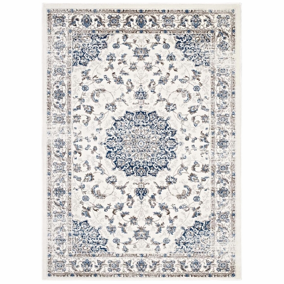 Lilja Distressed Vintage Persian Medallion 5x8 Area Rug in Ivory and Moroccan Blue