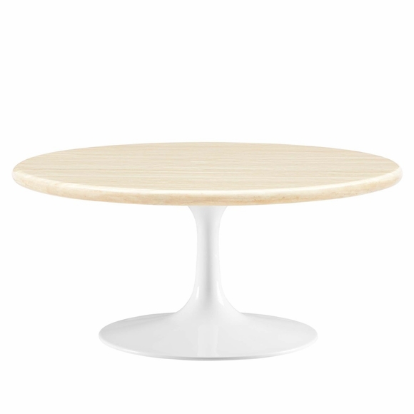 Lippa 36" Round Faux Travertine Coffee Table in White Travertine