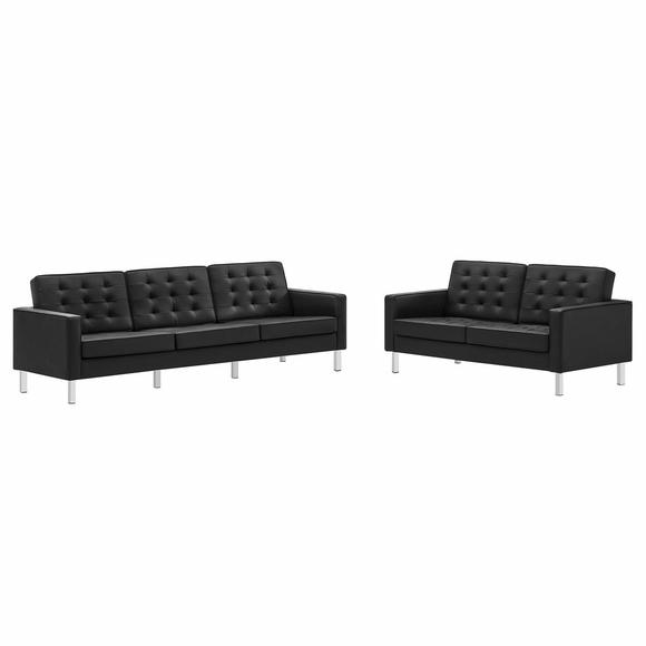 Loft Tufted Upholstered Faux Leather Sofa and Loveseat Set