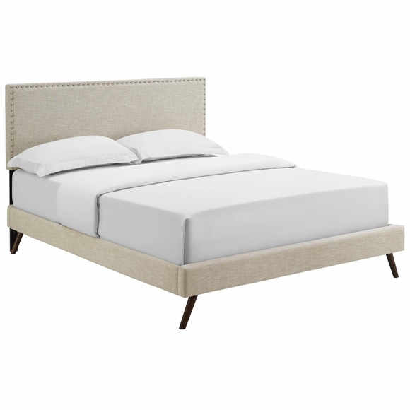 Macie Queen Fabric Platform Bed with Round Splayed Legs in Beige