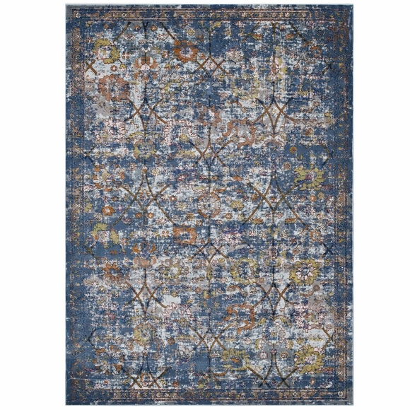 Minu Distressed Floral Lattice 8x10 Area Rug in Blue Gray/Yellow and Orange