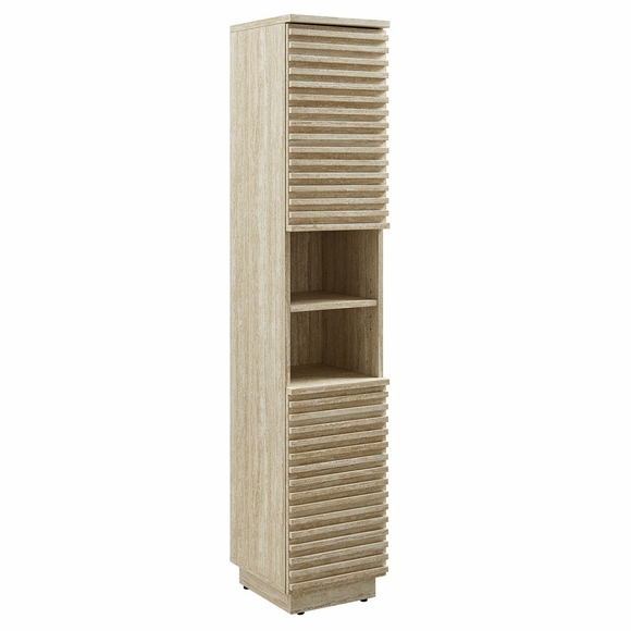 Render Tall Narrow Faux Travertine Linen Storage Cabinet in Travertine