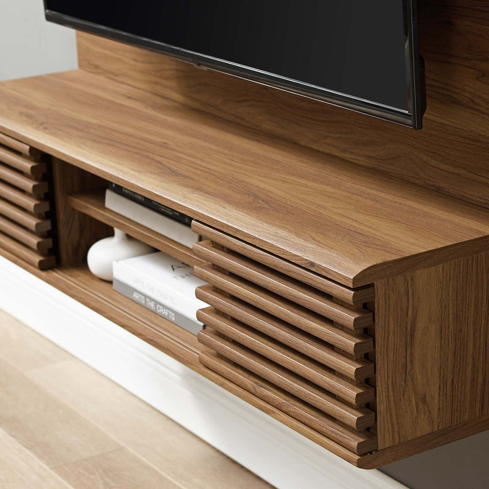 Render Wall Mounted TV Stand Entertainment Center in Walnut Modern In