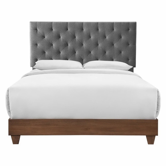 Rhiannon Diamond Tufted Upholstered Fabric Queen Bed in Walnut Gray