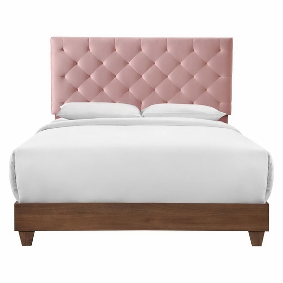 Rhiannon Diamond Tufted Upholstered Performance Velvet Queen Bed in Walnut Dusty Rose