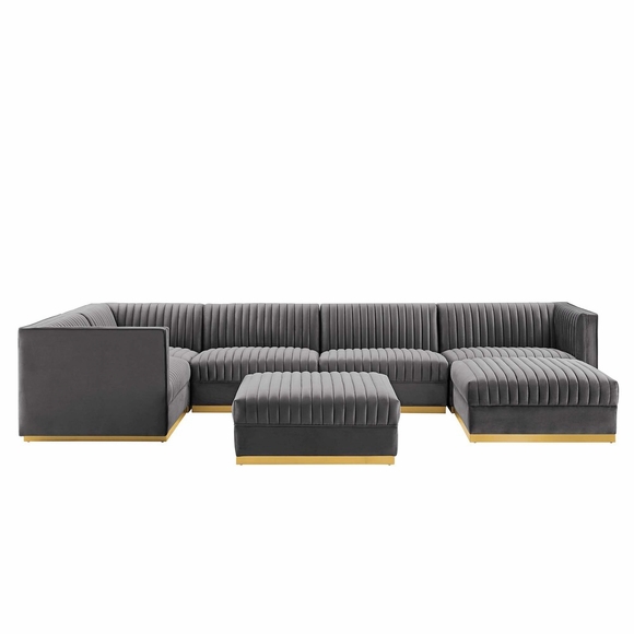 Sanguine 7-Piece Channel Tufted Performance Velvet Left-Facing Modular Sectional Sofa in Gray