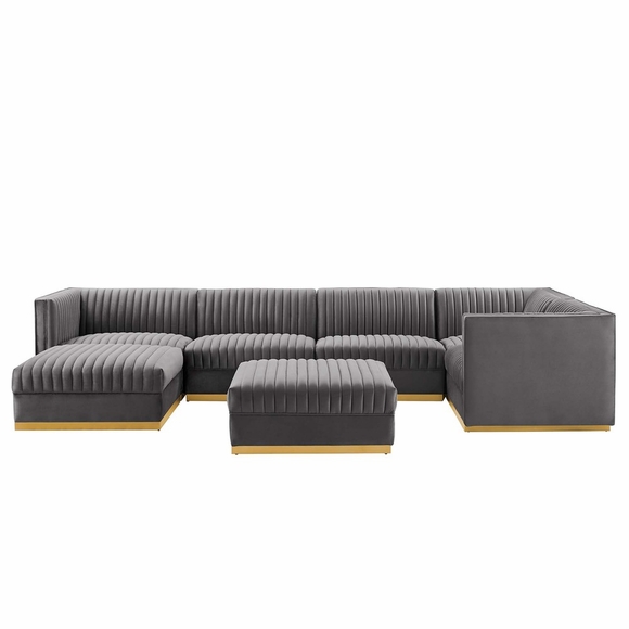 Sanguine 7-Piece Channel Tufted Performance Velvet Right-Facing Modular Sectional Sofa in Gray
