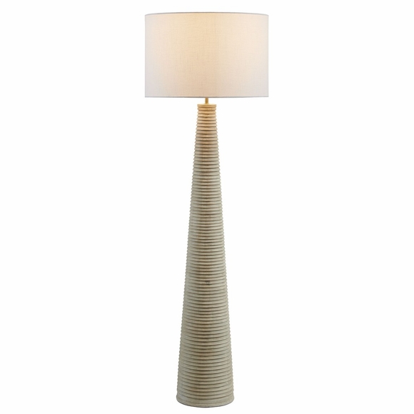 Saylor Carved Ribbed Wood Floor Lamp With Drum Shade in White Gray