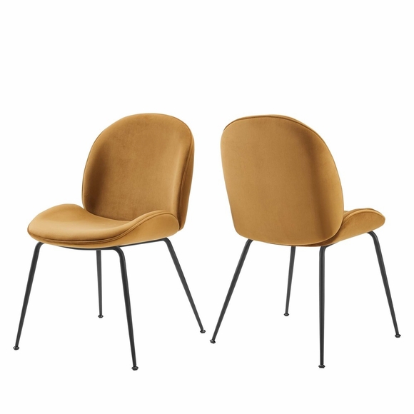 Scoop Black Powder Coated Steel Leg Performance Velvet Dining Chairs - Set of 2 in Cognac