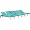 Shore Chaise with Cushions Outdoor Patio Aluminum Set of 6 in Silver Turquoise