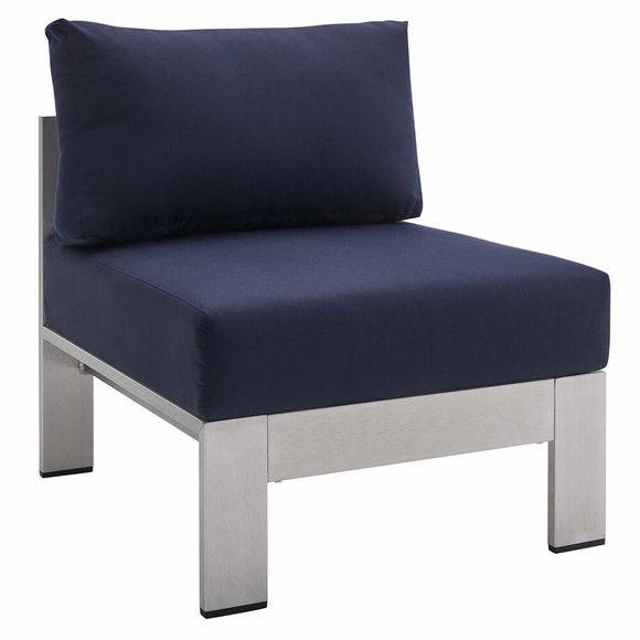 Shore Sunbrella� Fabric Aluminum Outdoor Patio Armless Chair in Silver Navy
